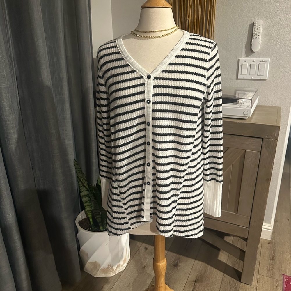 Black and White Striped Button-Up Cardigan